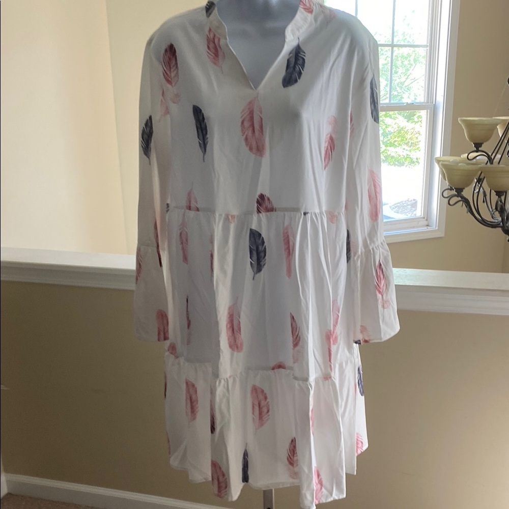 Romantic White bell sleeve pullover dress with feather design L